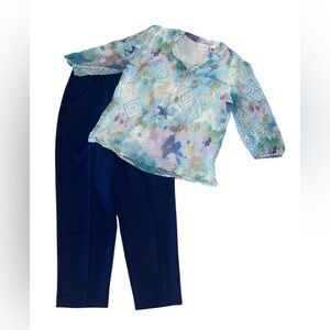 ALFRED DUNNER Two Piece Set Floral Sequin Blouse 10 Blue Elastic Waist Slacks 14